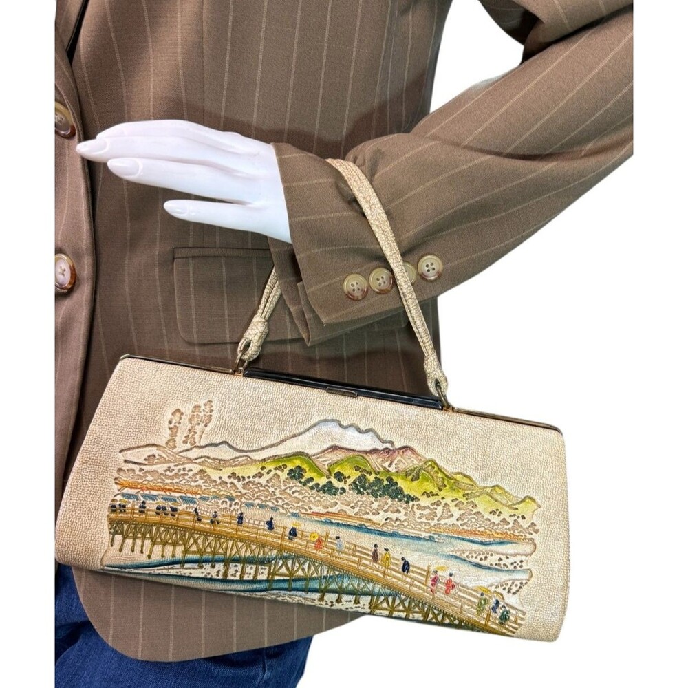 Vintage 1930's Japanese Handbag Purse Tooled Painted Leather